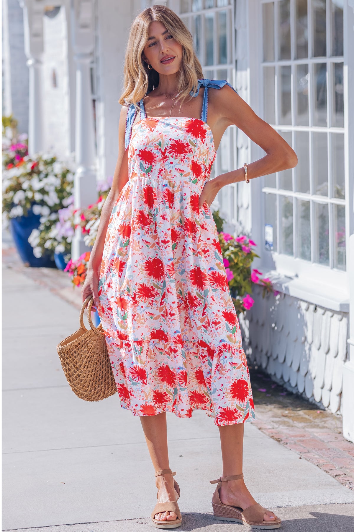 Yellow Floral Print Contrast Stitched Denim Straps High Waist Dress