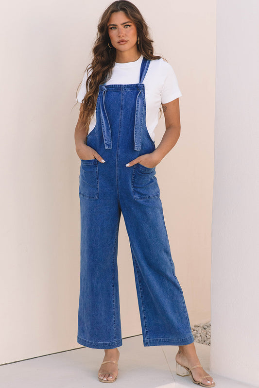 Prussian Blue Mineral Wash Knotted Strap Patched Pocket Wide Jumpsuit