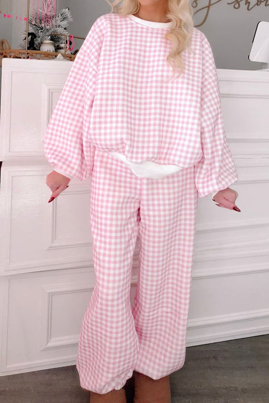 Pink Plaid Long Sleeve Pant Two Piece Set