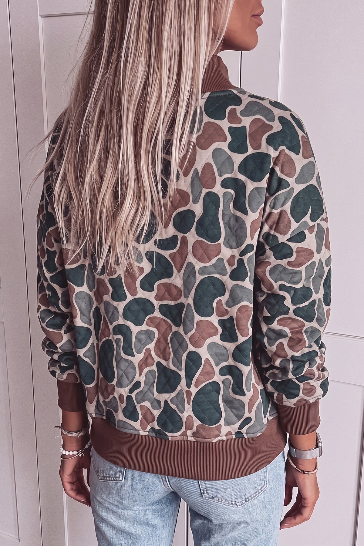 Multicolor Camo Quilted Mock Neck Sweatshirt