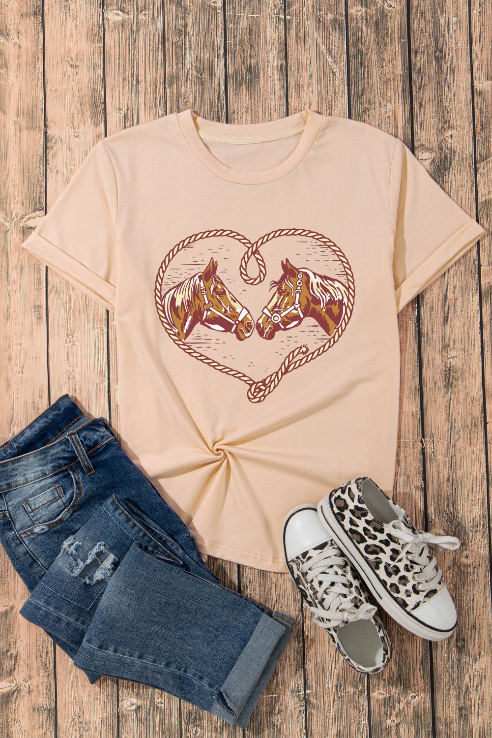 Khaki Rodeo Horse Graphic Western Cowgirl Fashion T-Shirt