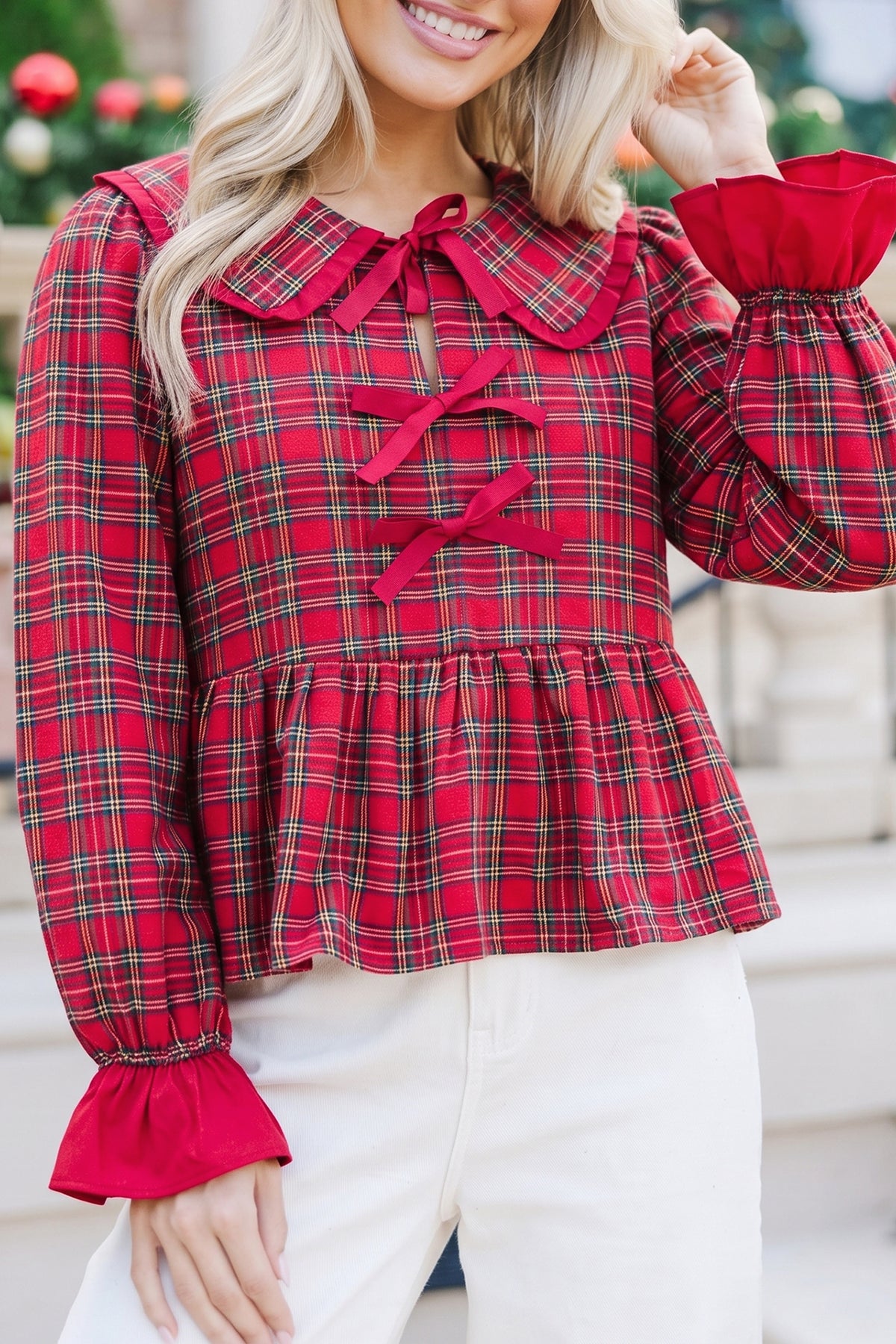 Red Plaid Tie Neck Ruffle Cuffs Shift Blouse
