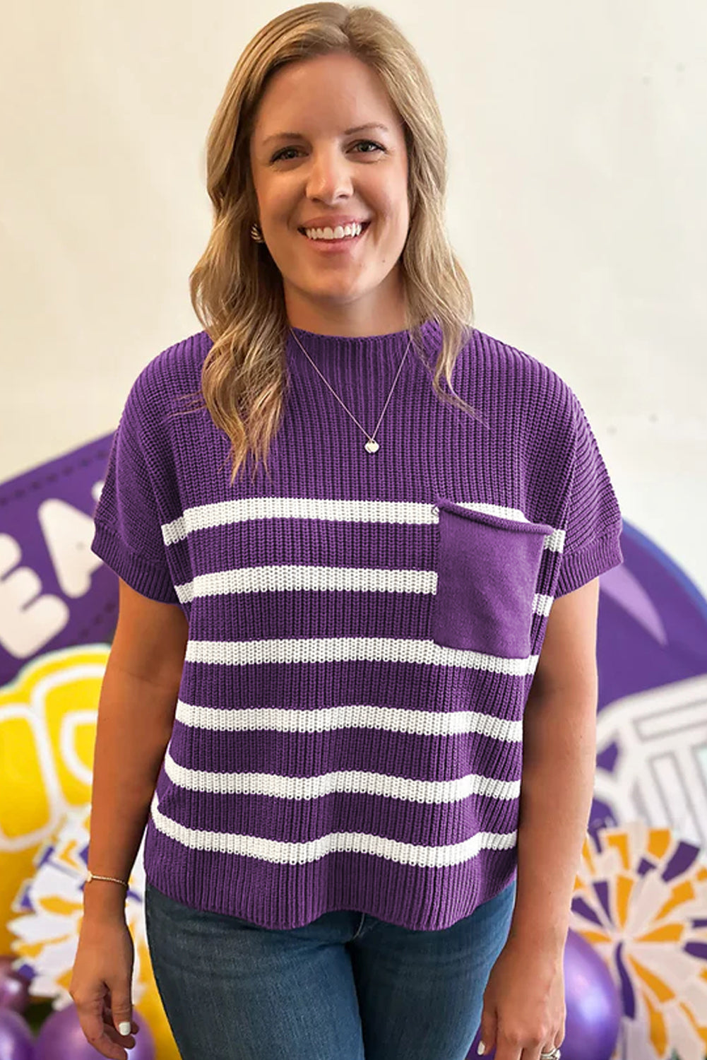 Purple Stripe Raw Edge Patched Pocket Short Sleeve Knit Sweater
