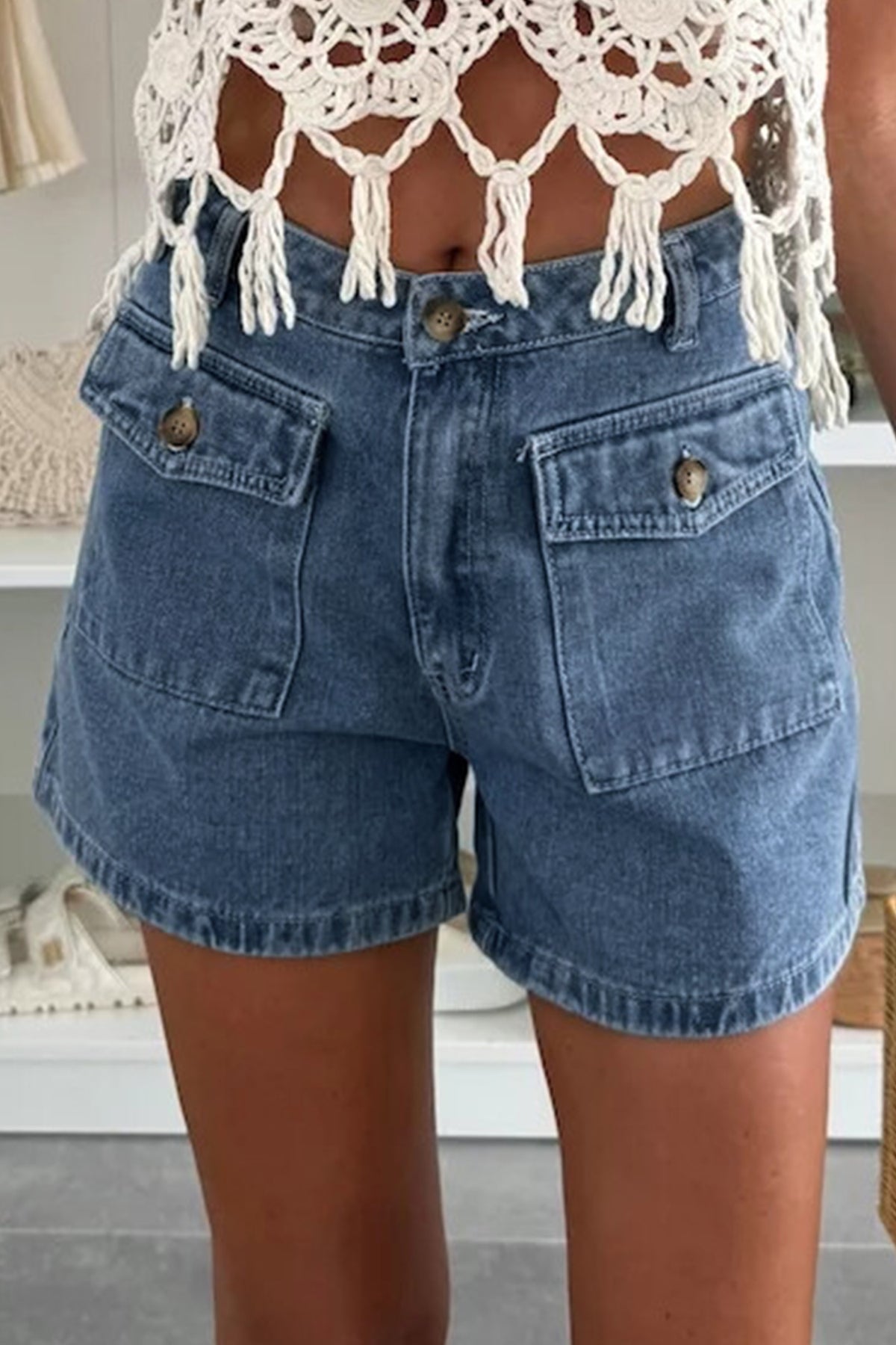 Dusk Blue Flap Pockets Denim Shorts