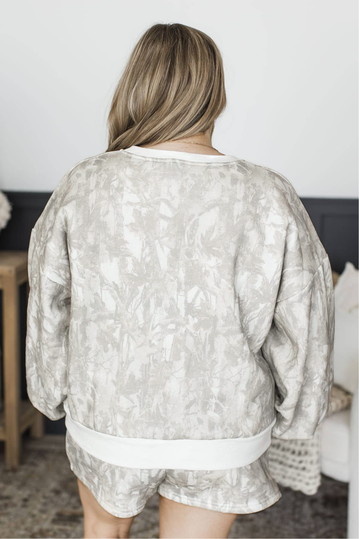Beige Woodland Camo Print Pullover and Shorts Plus Set