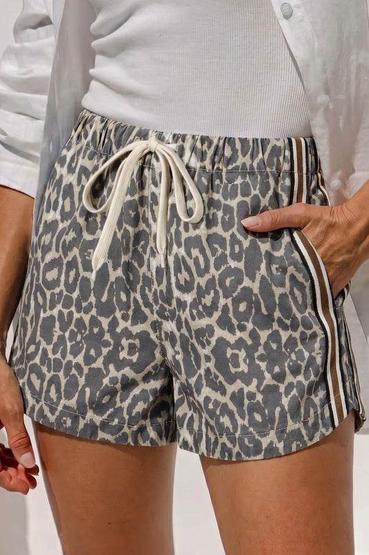 Multicolour Leopard Pattern Striped Drawstring Denim Shorts