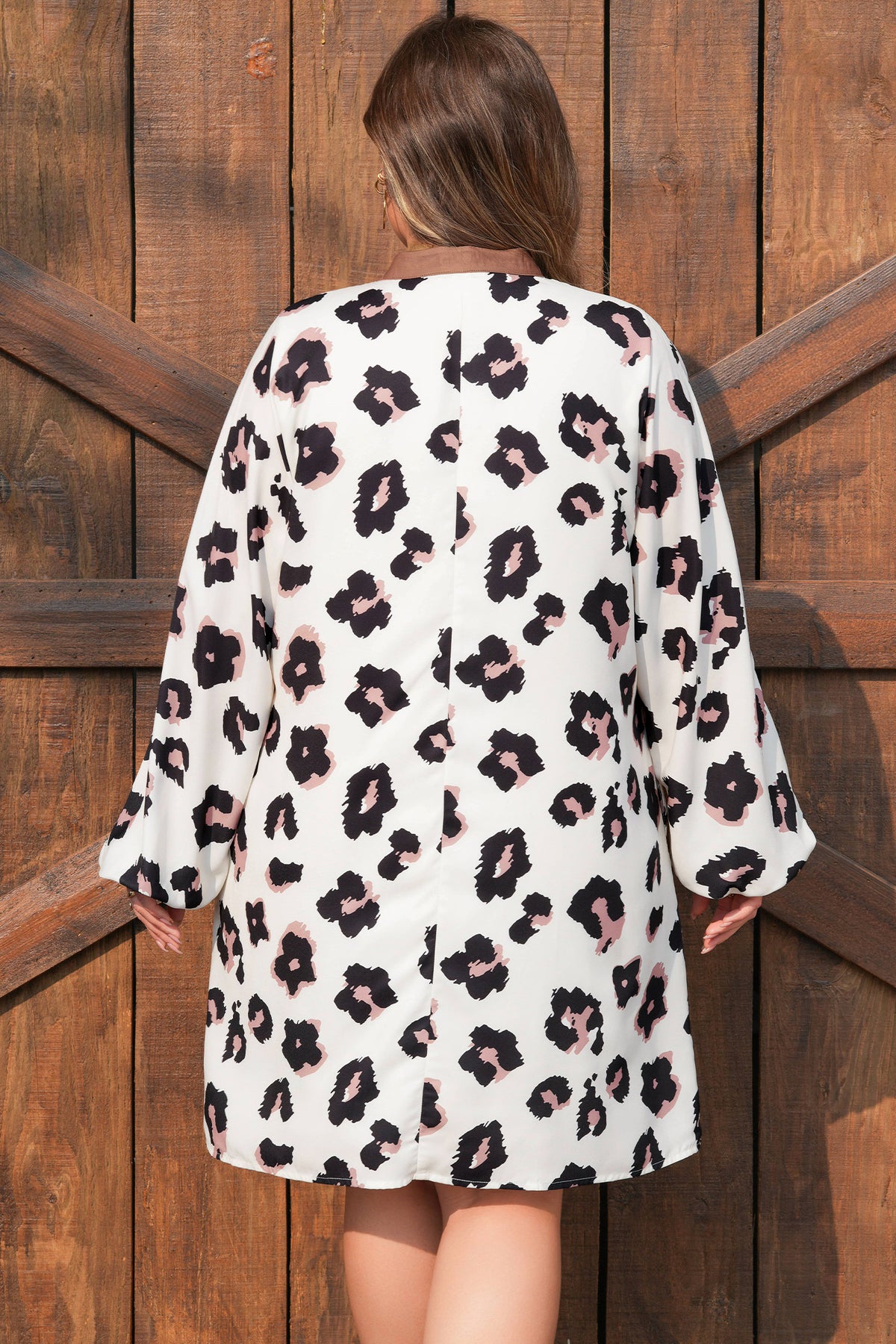 Khaki Leopard Print Contrast V-Neck Plus Size Shift Mini Dress
