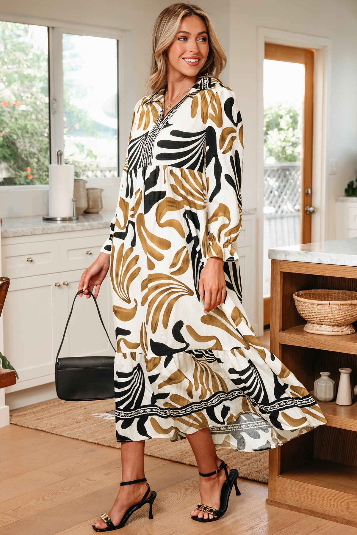 Brown Tropical Contrast Trim Neck Long Sleeve Ruffle Hem Dress