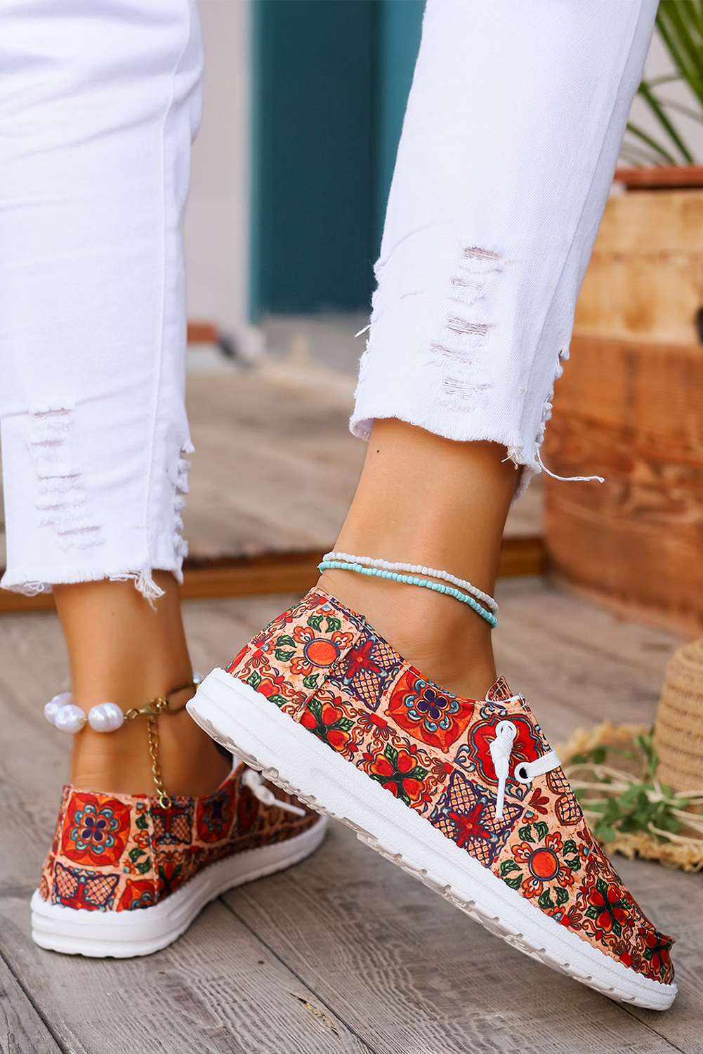 Fiery Red Western Printed Lacing Flat Slip-On Shoes