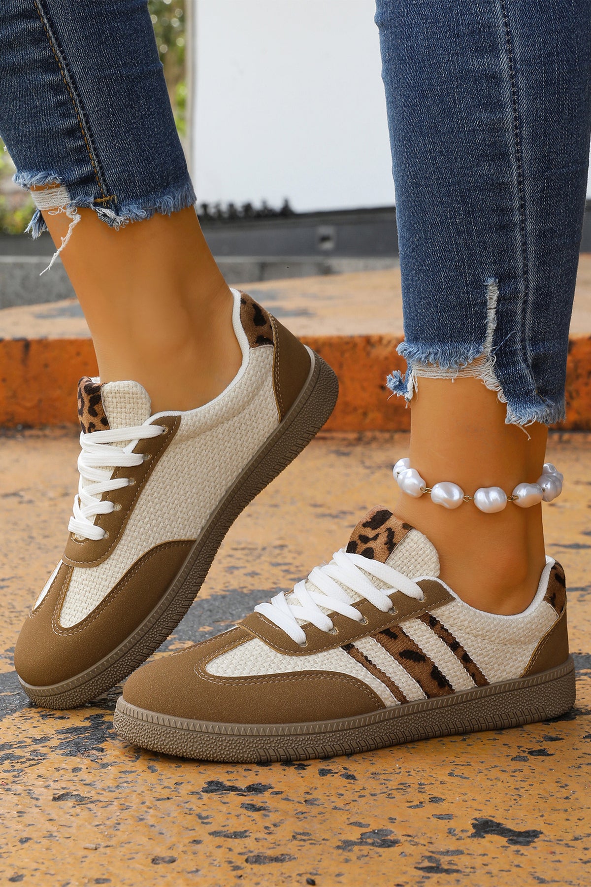 Coffee Color Block Leopard Patchwork Lace-up Sneakers