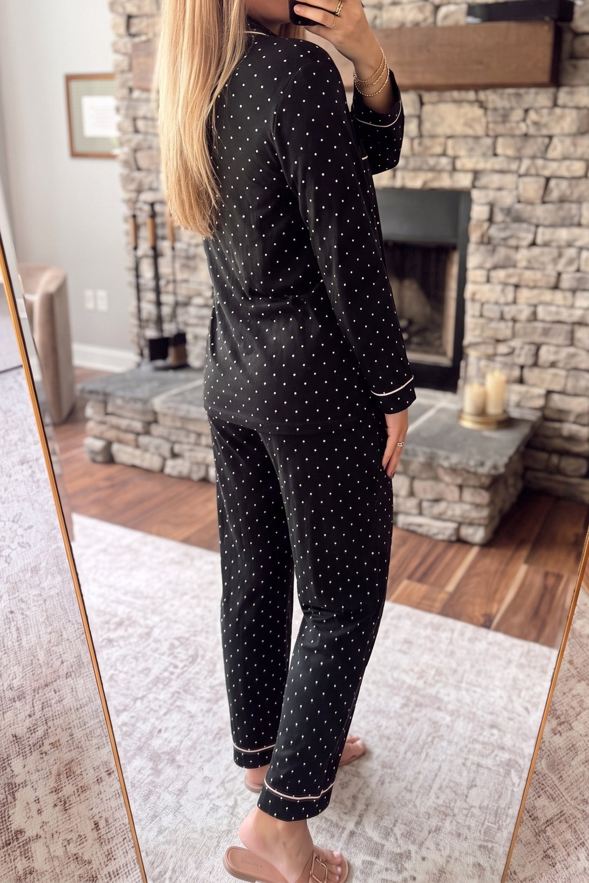 Black Polka Dot Long Sleeve Shirt Lace Detail Pajama Pants Set