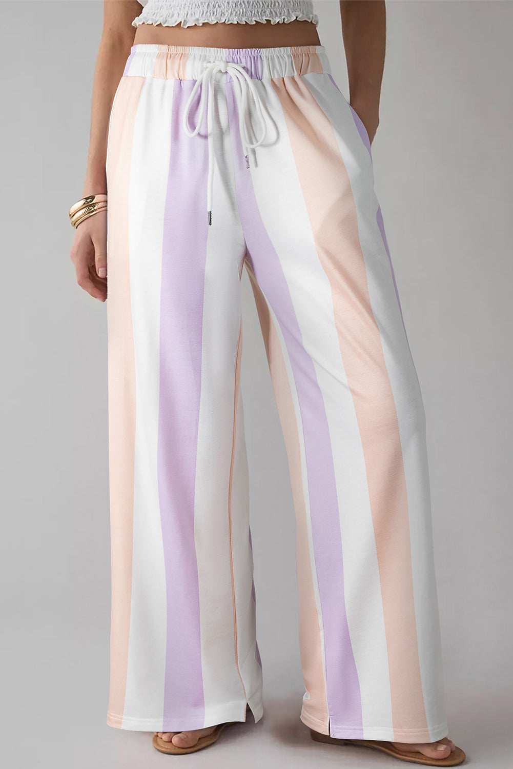 Purple Stripe Multicolored Print Drawstring Pants with Side Pockets