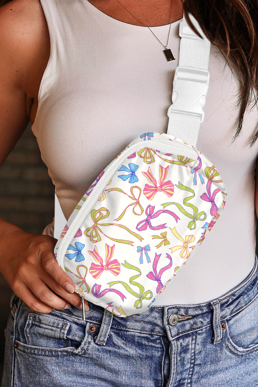 White Pretty Bow Printed Crossbody Bag