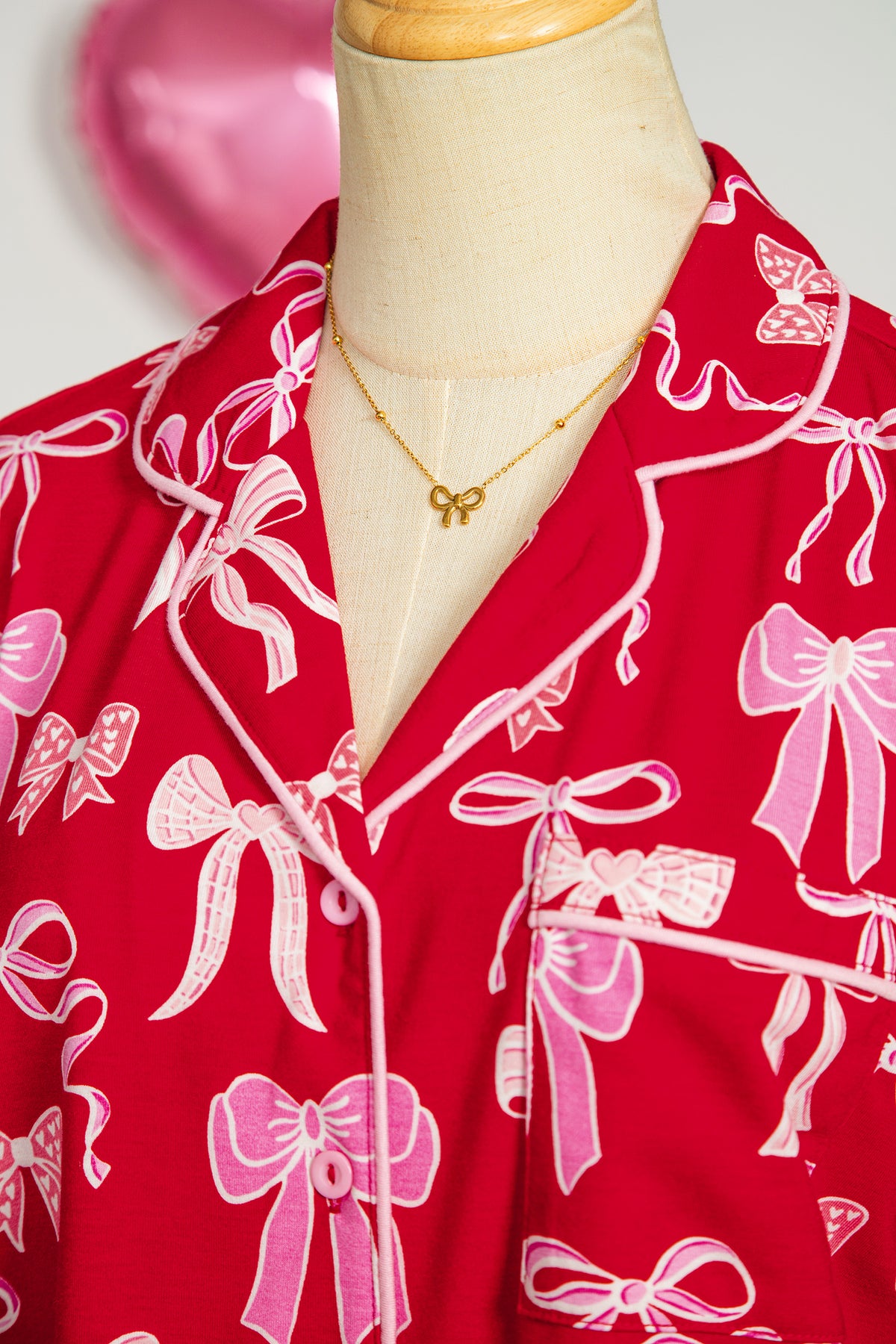 Red Sweet Bow Print Shirt Style Top Long Pajama Set