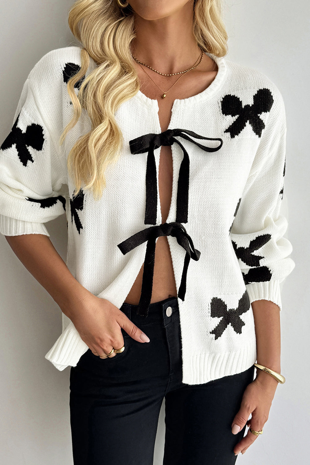 White Lace-up Bow Pattern Sweater Cardigan