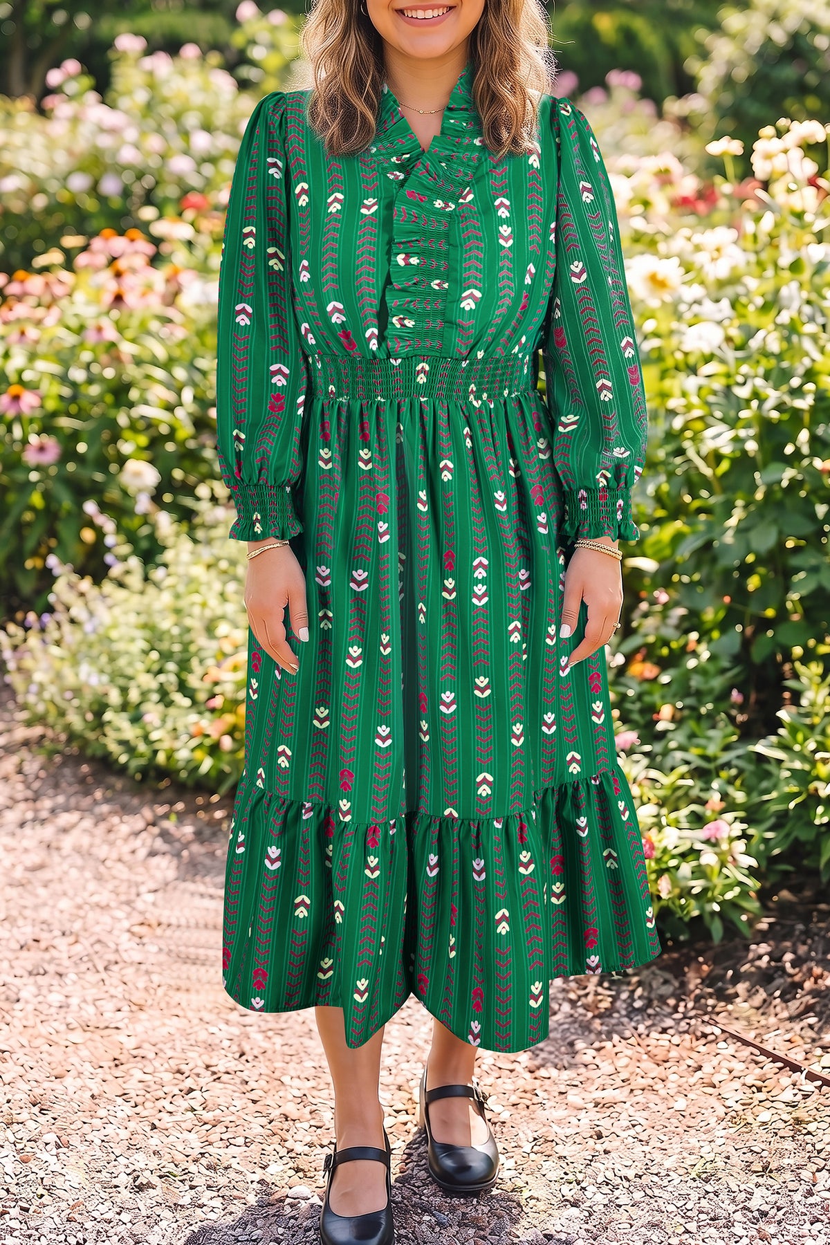 Green Floral Print V-Neck Long-Sleeve Shift Plus Size Dress