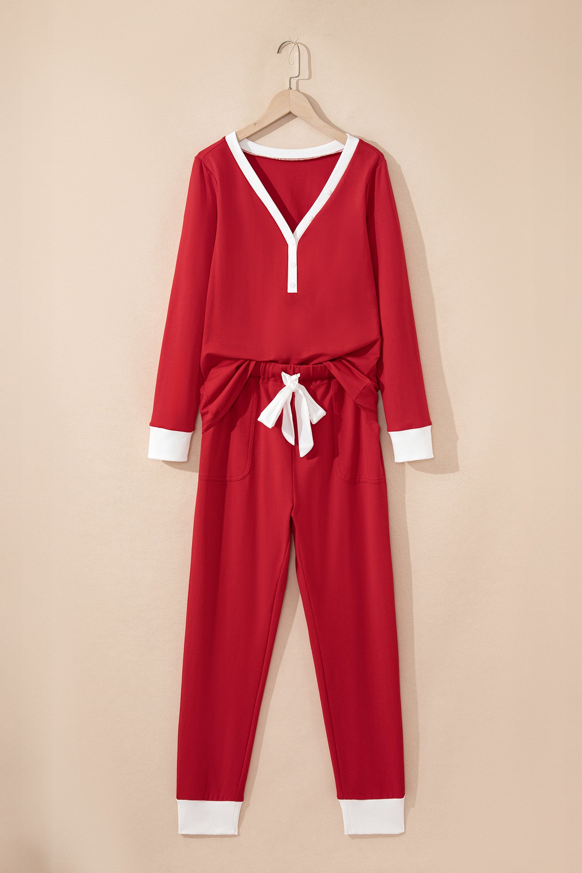 Fiery Red Button V Neck Ribbon Bow Knot Waist Lounge Pant Set