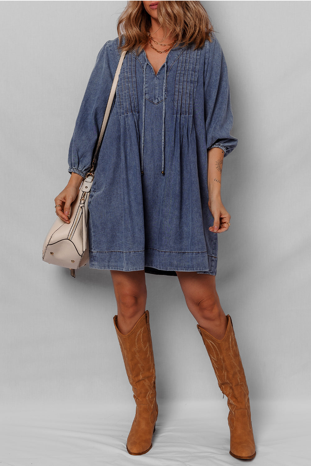 Sail Blue 3/4 Sleeve Tied V Neck Pleated Denim Mini Dress