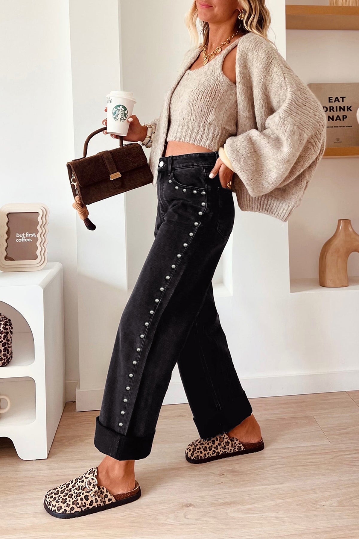 Coffee Studded Straight Leg Casual Loose Jeans