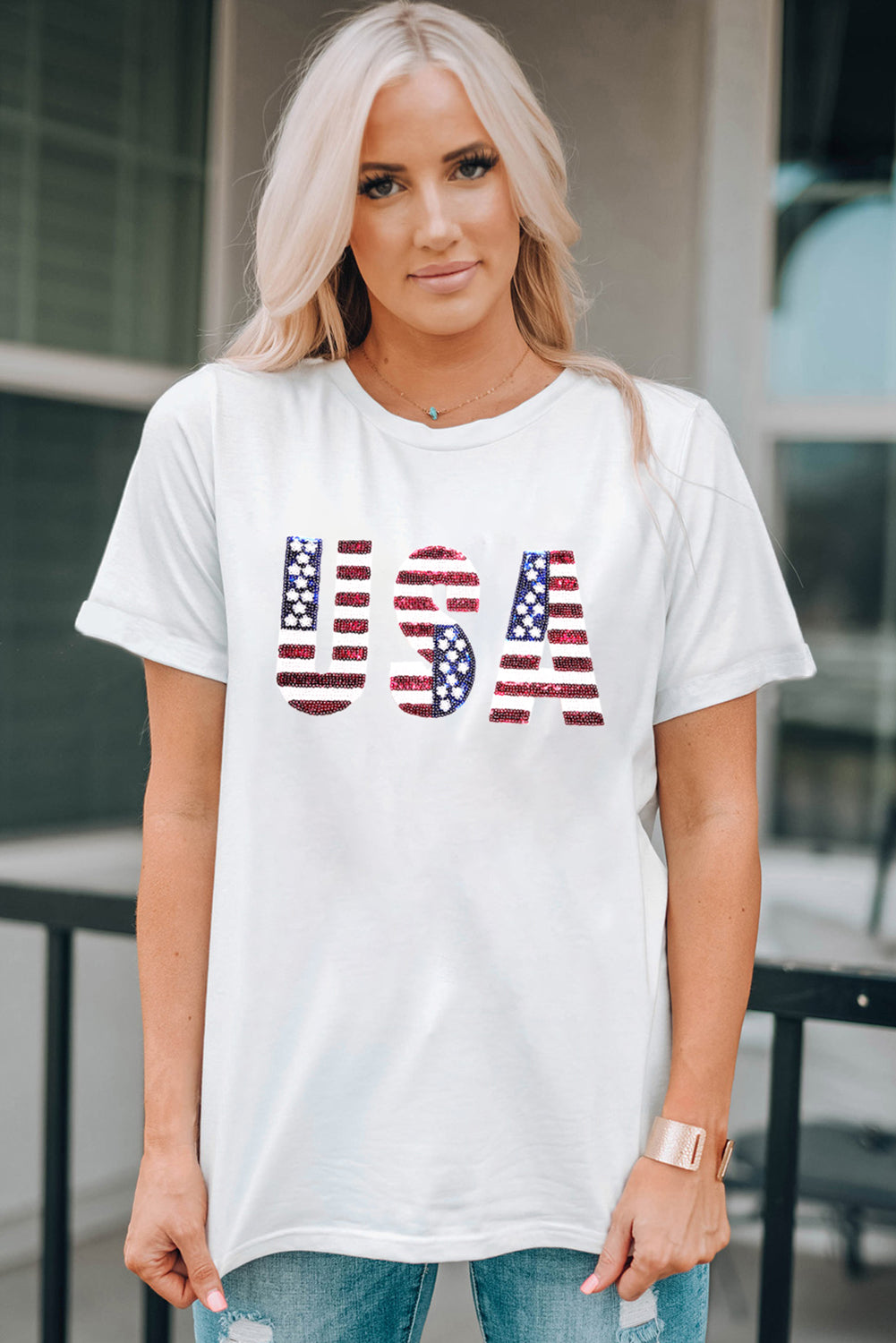 White USA Flag Sequin Patched Round Neck T-Shirt