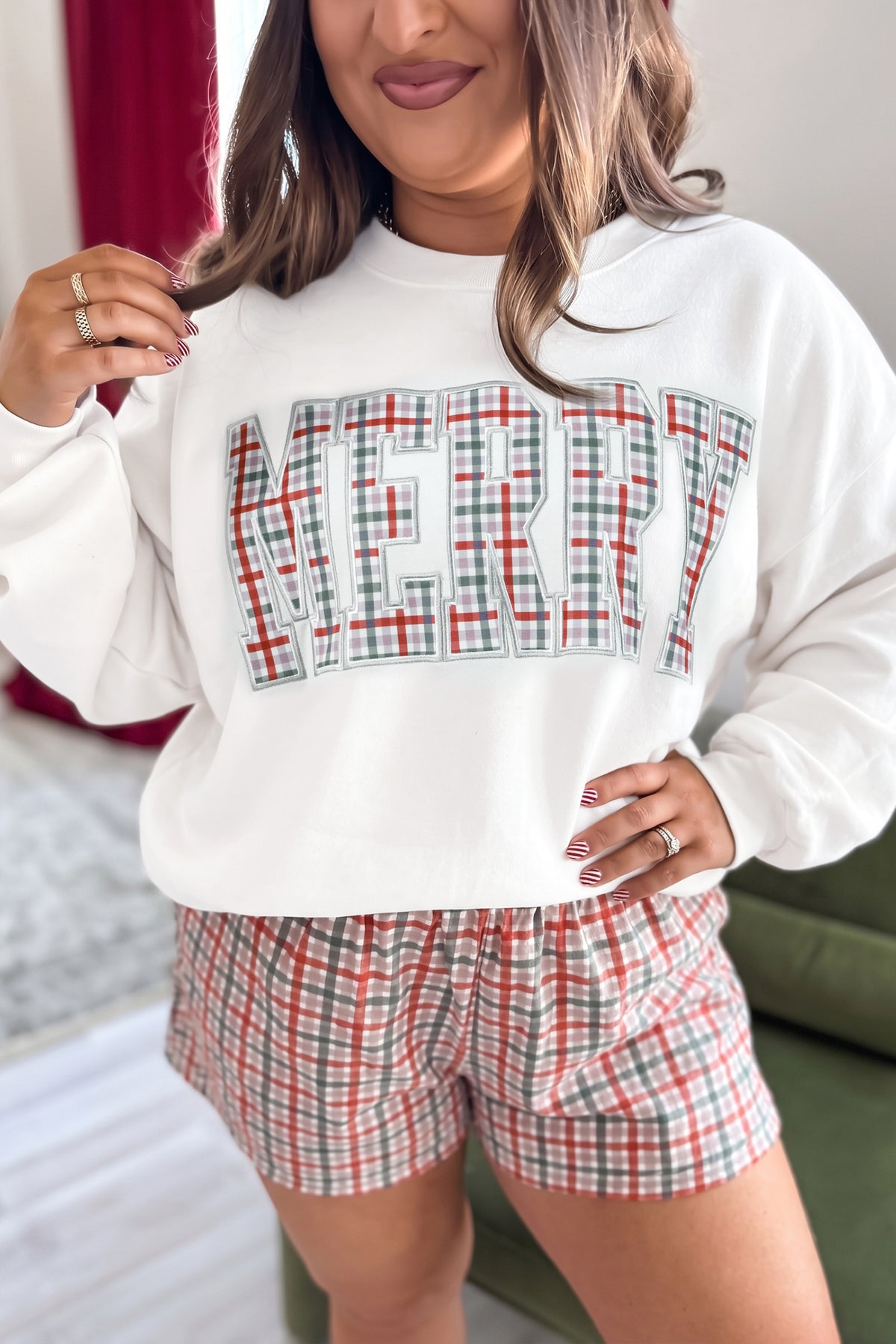 Multicolor MERRY Plaid Letter Plus Size Top