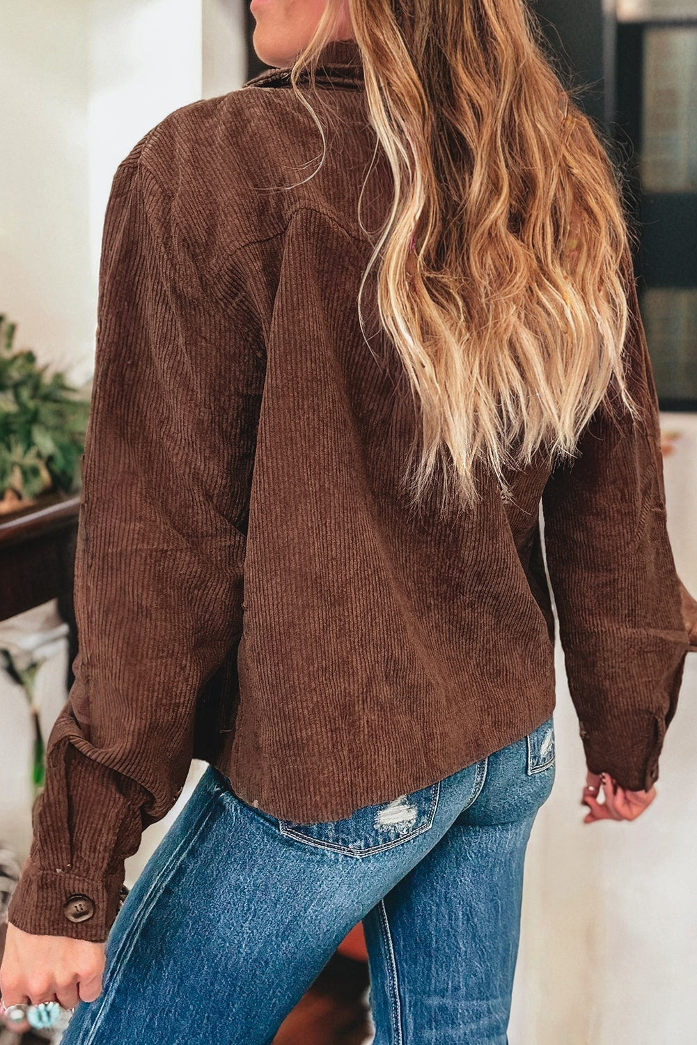 Coffee Floral Embroidered Collar Corduroy Jacket With Pocket