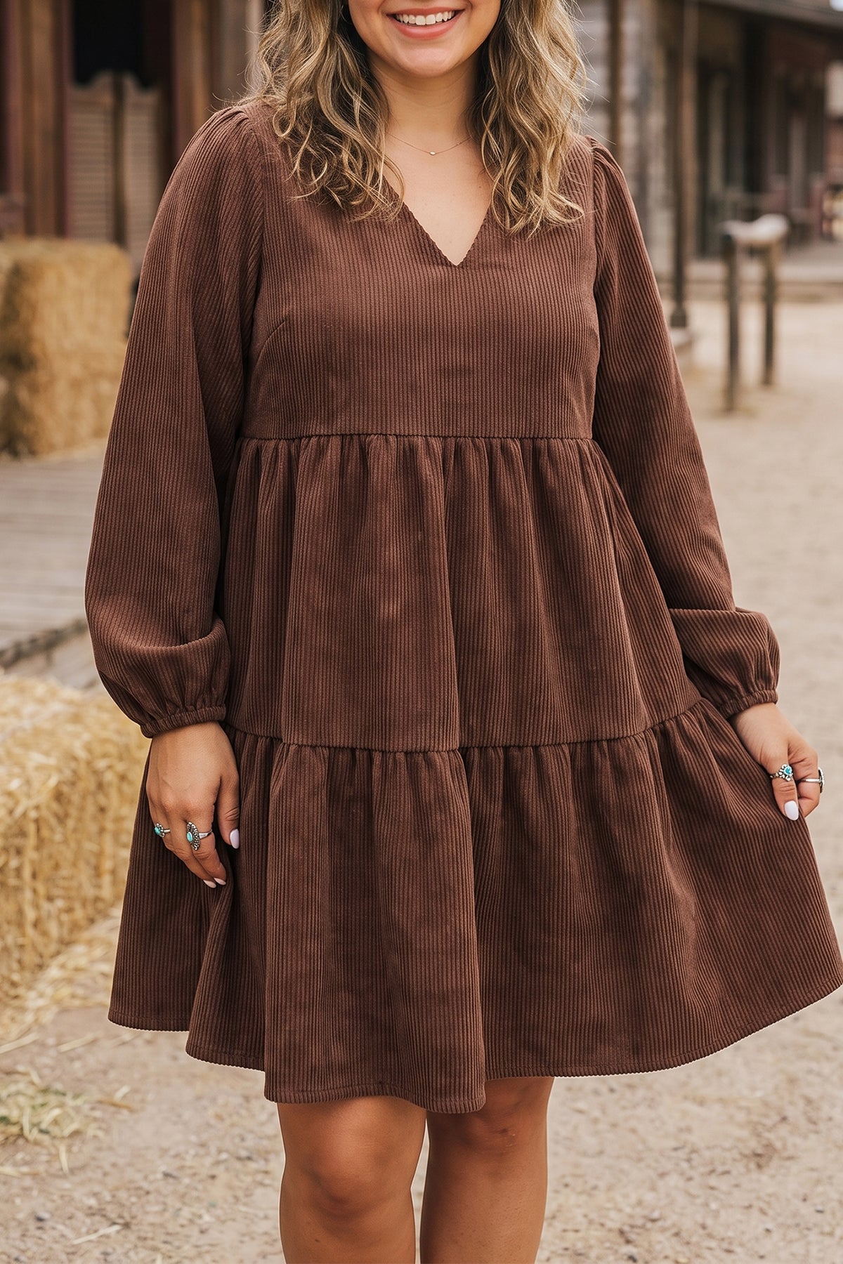 Coffee Winter Corduroy V-Neck Long-Sleeve Plus Size Mini Dress