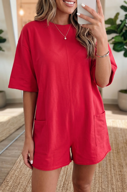 Fiery Red Solid Raw Edge Half Sleeve Pocketed Loose Romper
