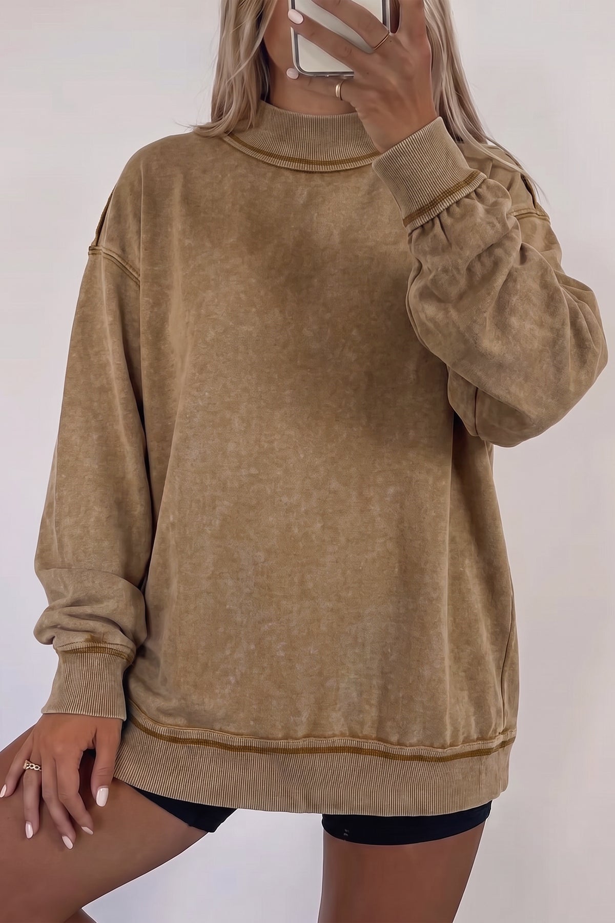 Brown Washed Vintage High Neck Sweatshirt