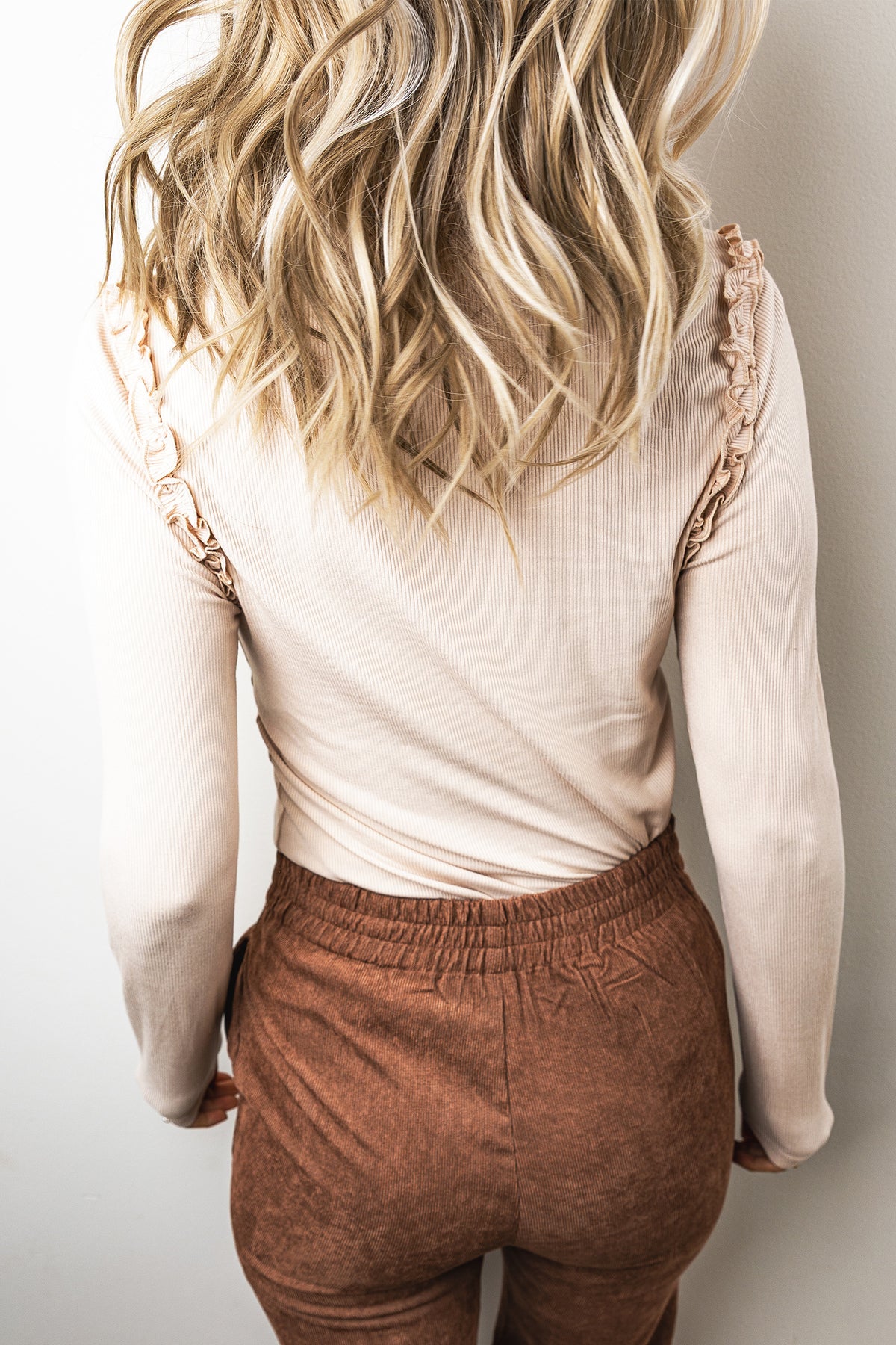 Red Dahlia Solid Color Round Neck Frill Top