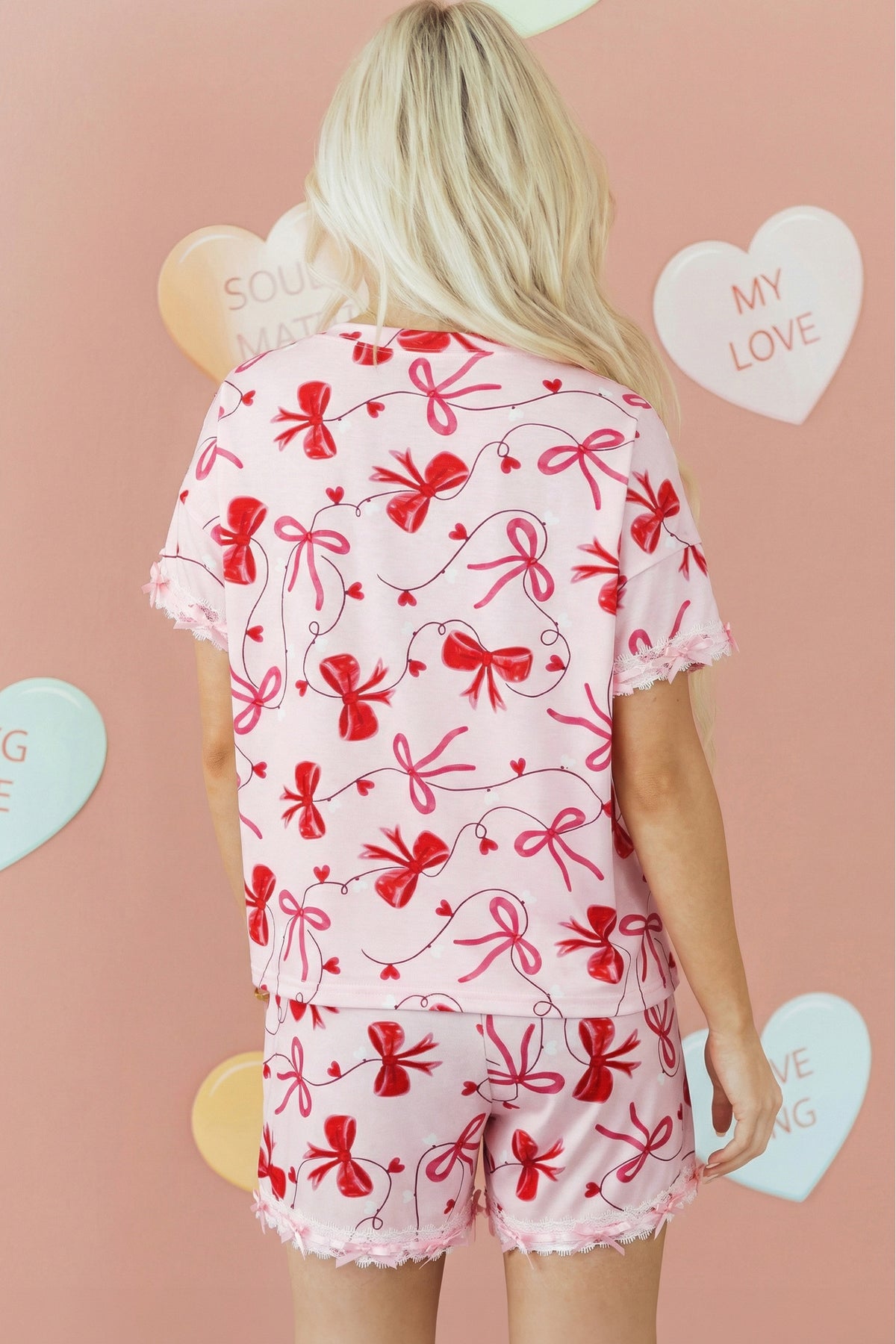 Red Romantic Bow Print Loose Tee Drawstring Shorts Lounge Set