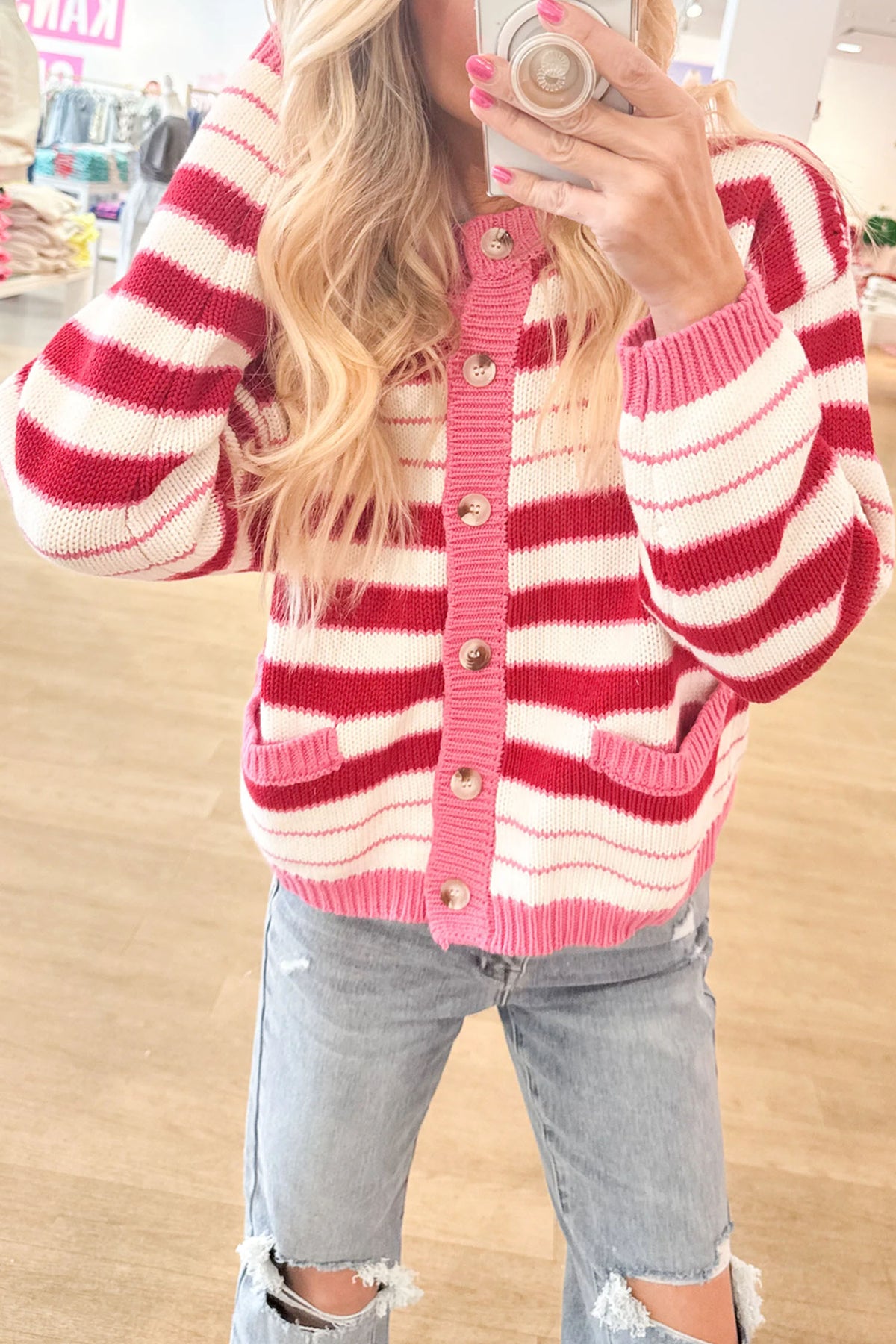 Red Stripe V Neck Long Sleeve Cardigan