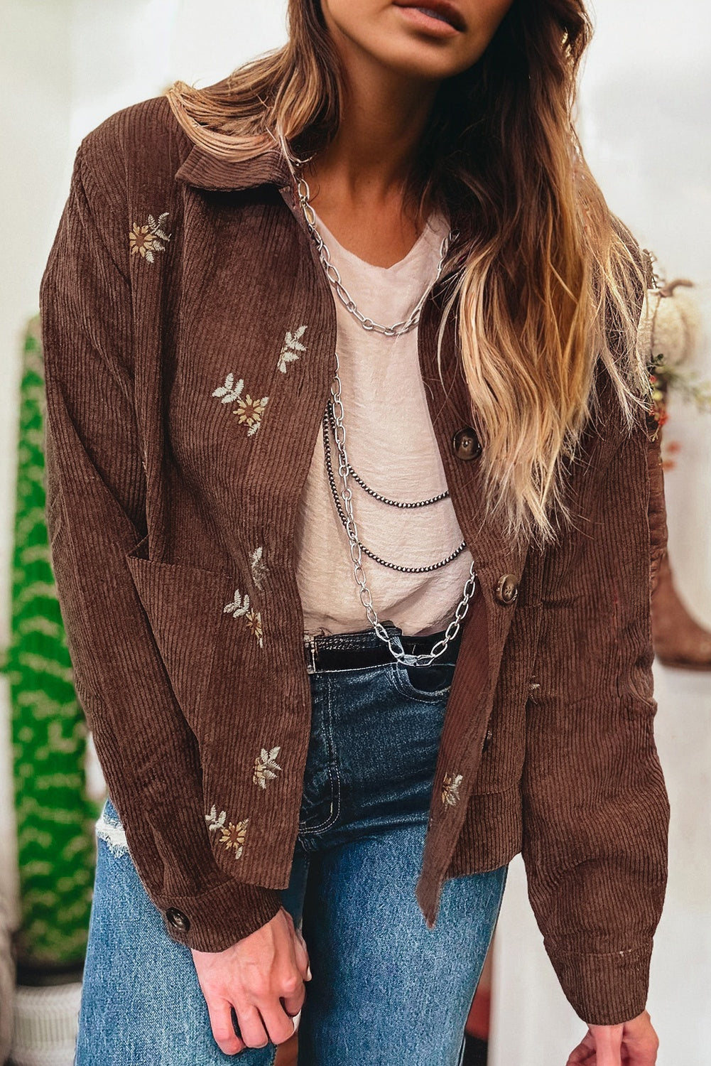 Coffee Floral Embroidered Collar Corduroy Jacket With Pocket
