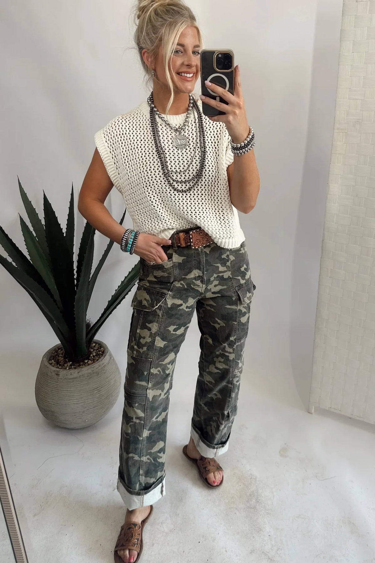 Green Camouflage Print Multi Pocketed Denim Pants