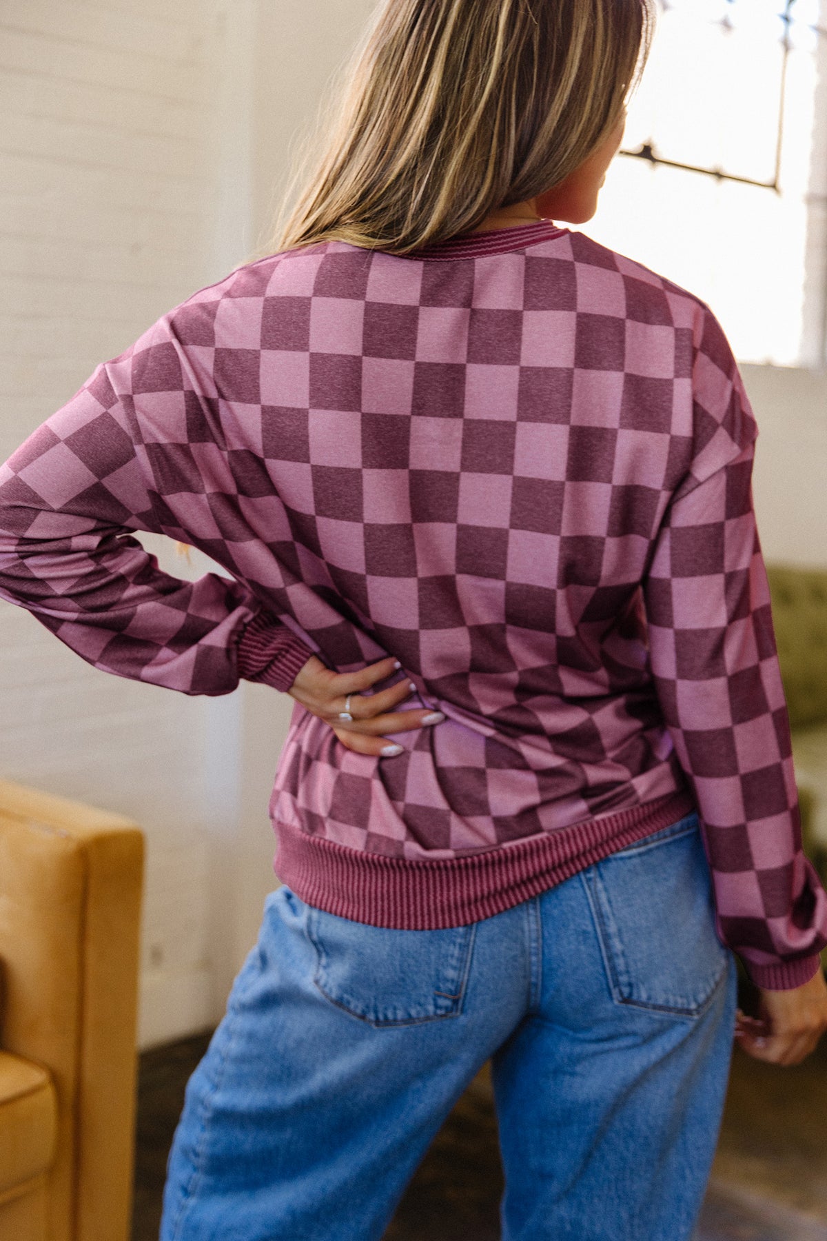 Red Ribbed Trim Checkered Print Pullover Top