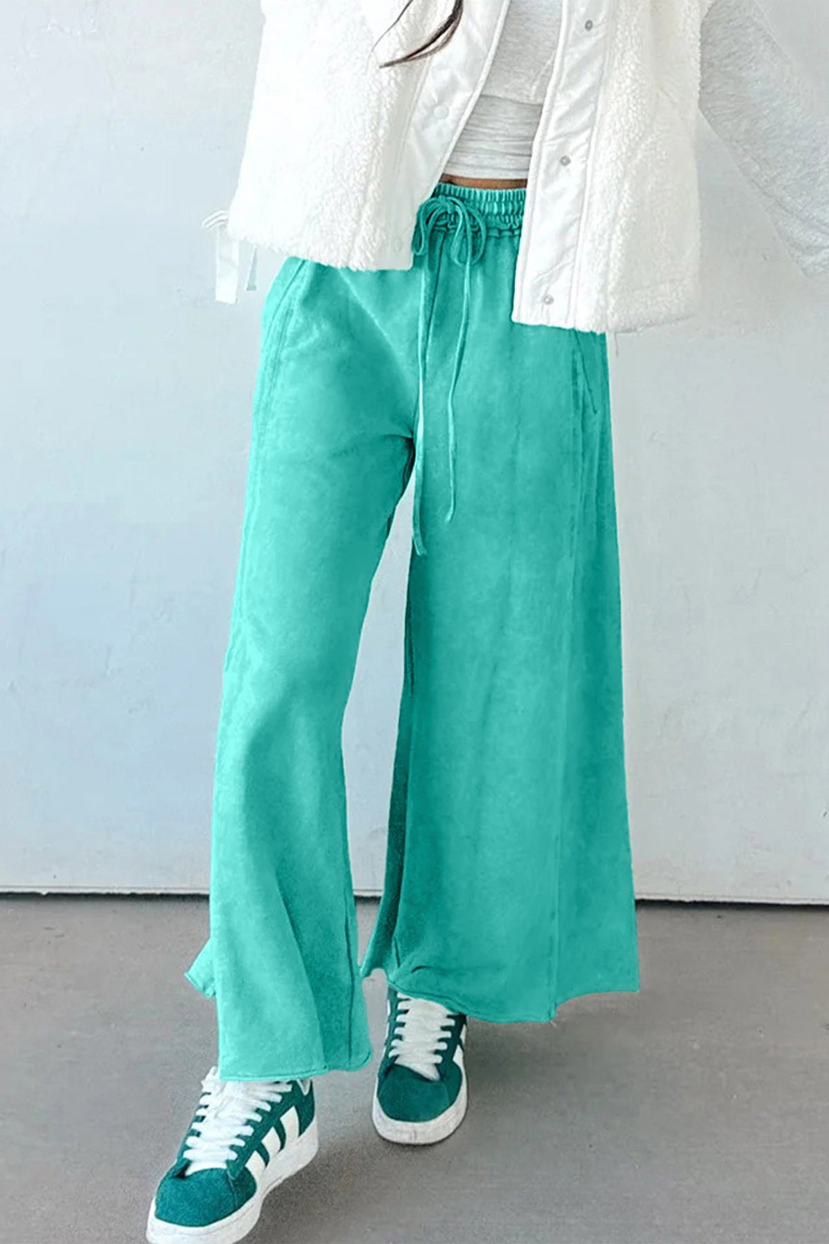 Sea Green Mineral Wash Drawstring Elastic Waist Raw Hem Loose Pants
