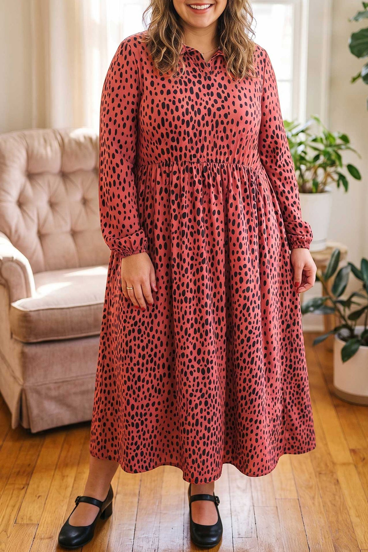 Red Leopard Print Long-Sleeve V-Neck Plus Size Midi Dress