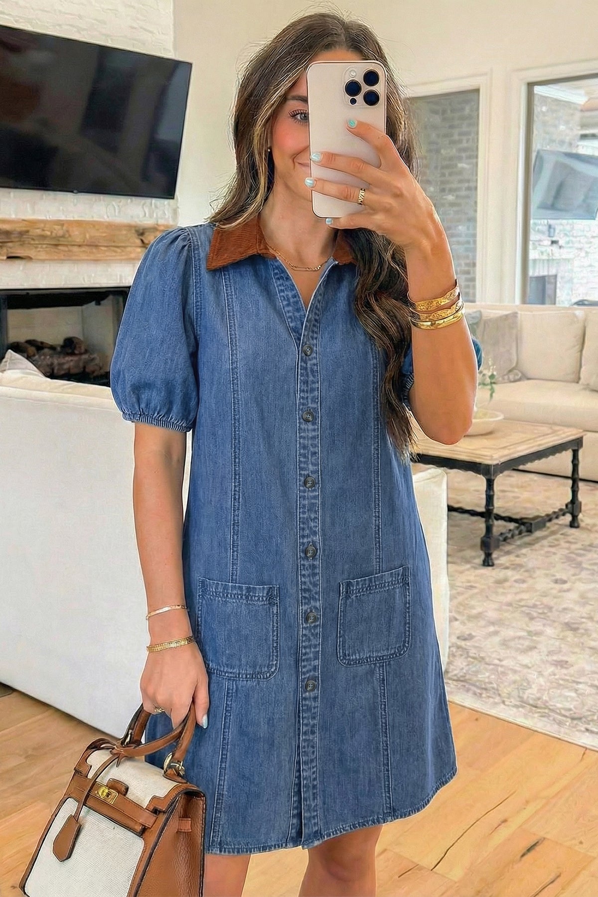 Blue Denim Short Puff Sleeve Color Block Patchwork Mini Dress