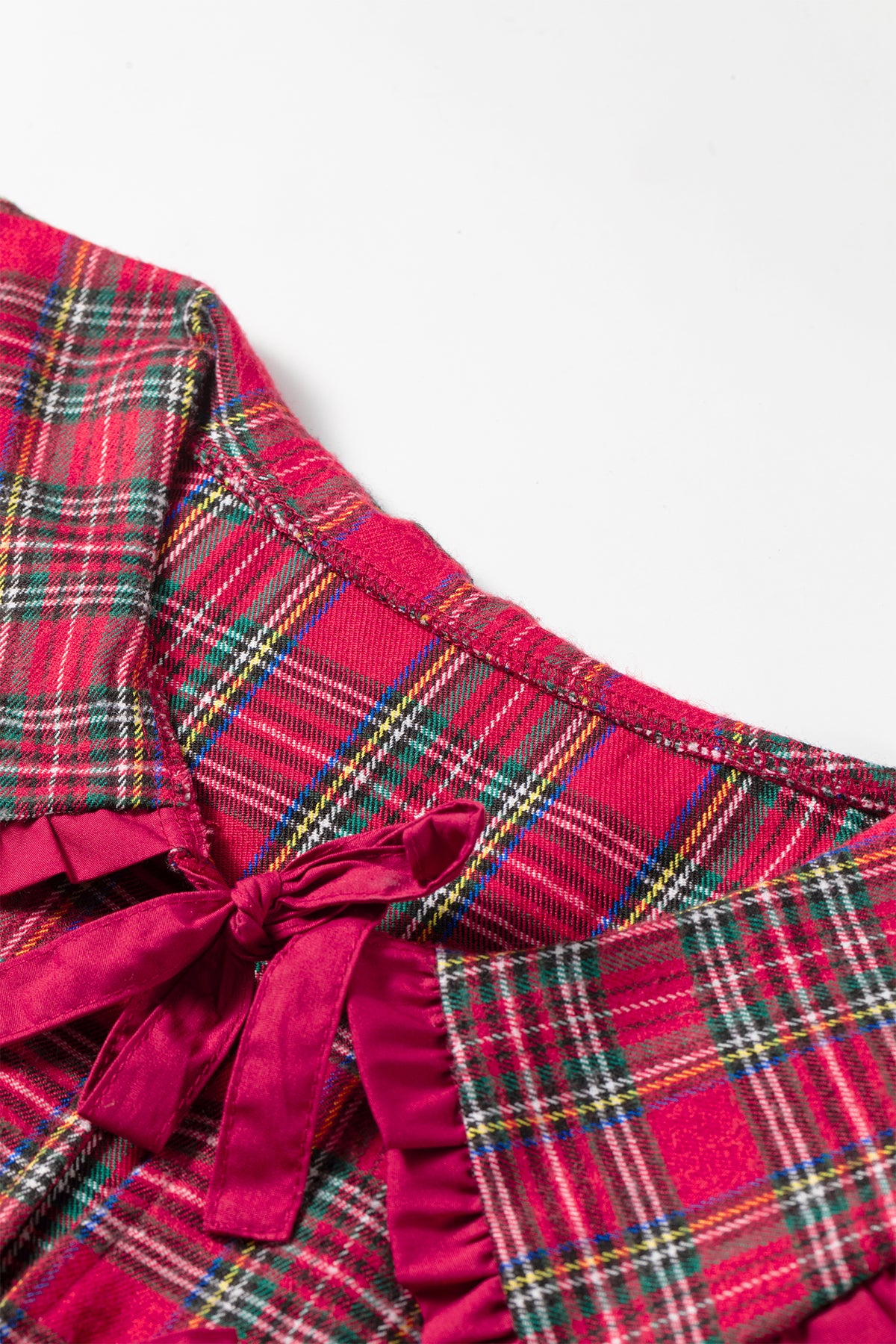 Red Plaid Tie Neck Ruffle Cuffs Shift Blouse
