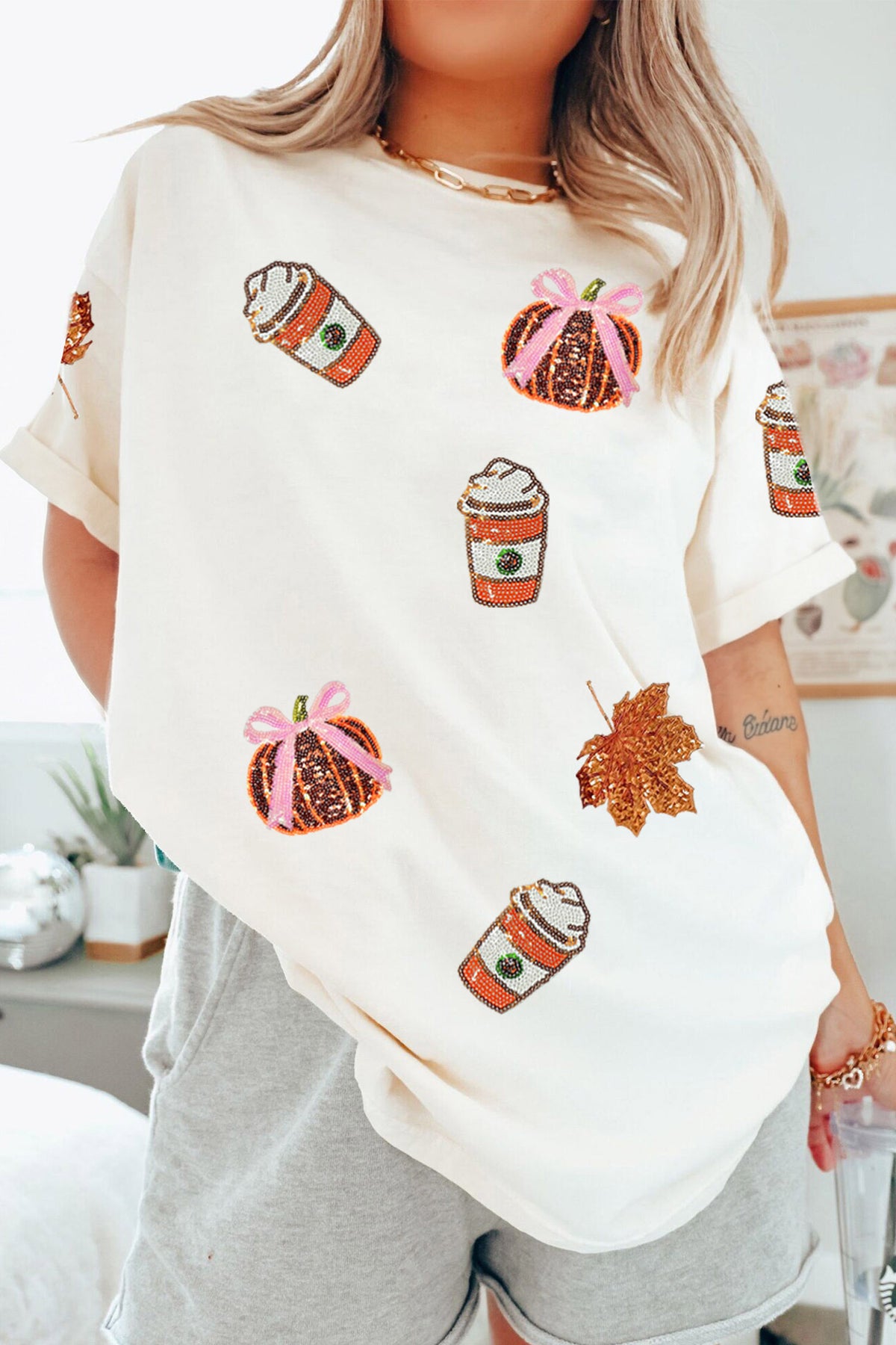 White Sequined Pumpkin Fall Graphic Casual Shift T-Shirt