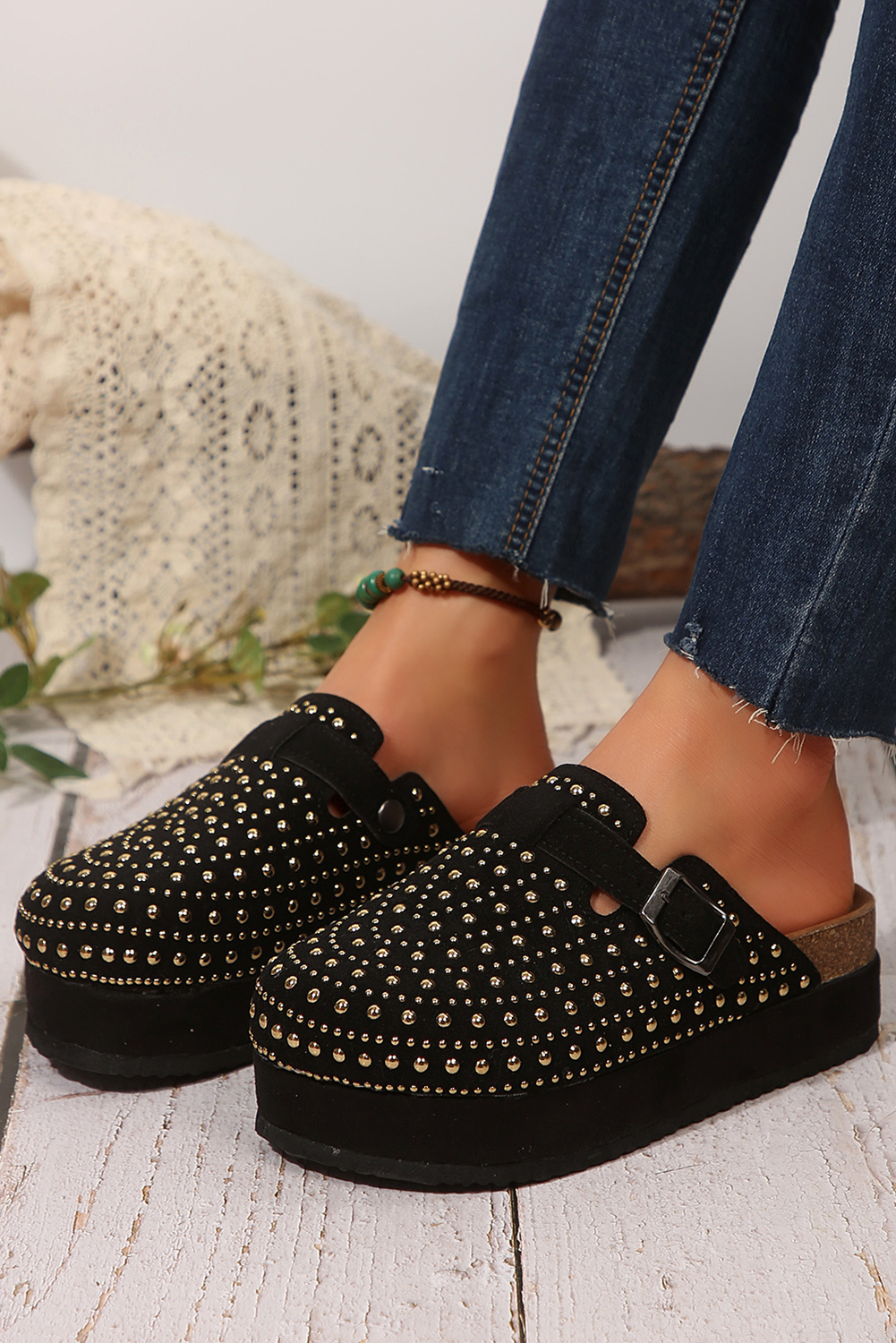 Black Rivet Buckle Closed Toe Platform Sandals