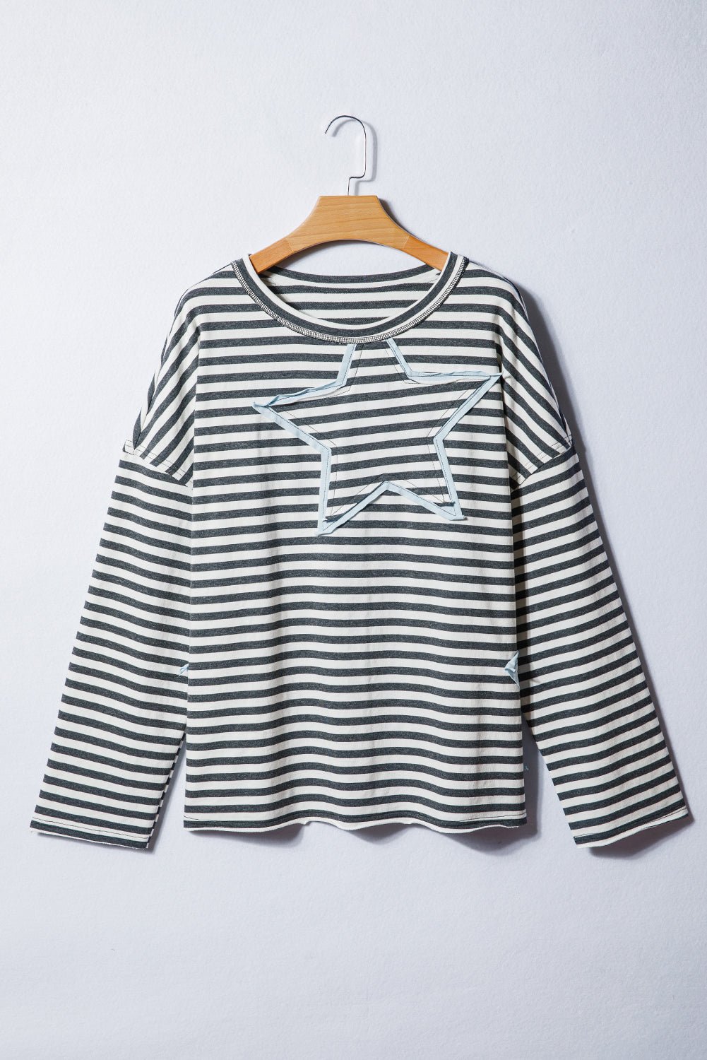 Gray Stripe Contrast Star Stitched Plus Size Long-Sleeve Top