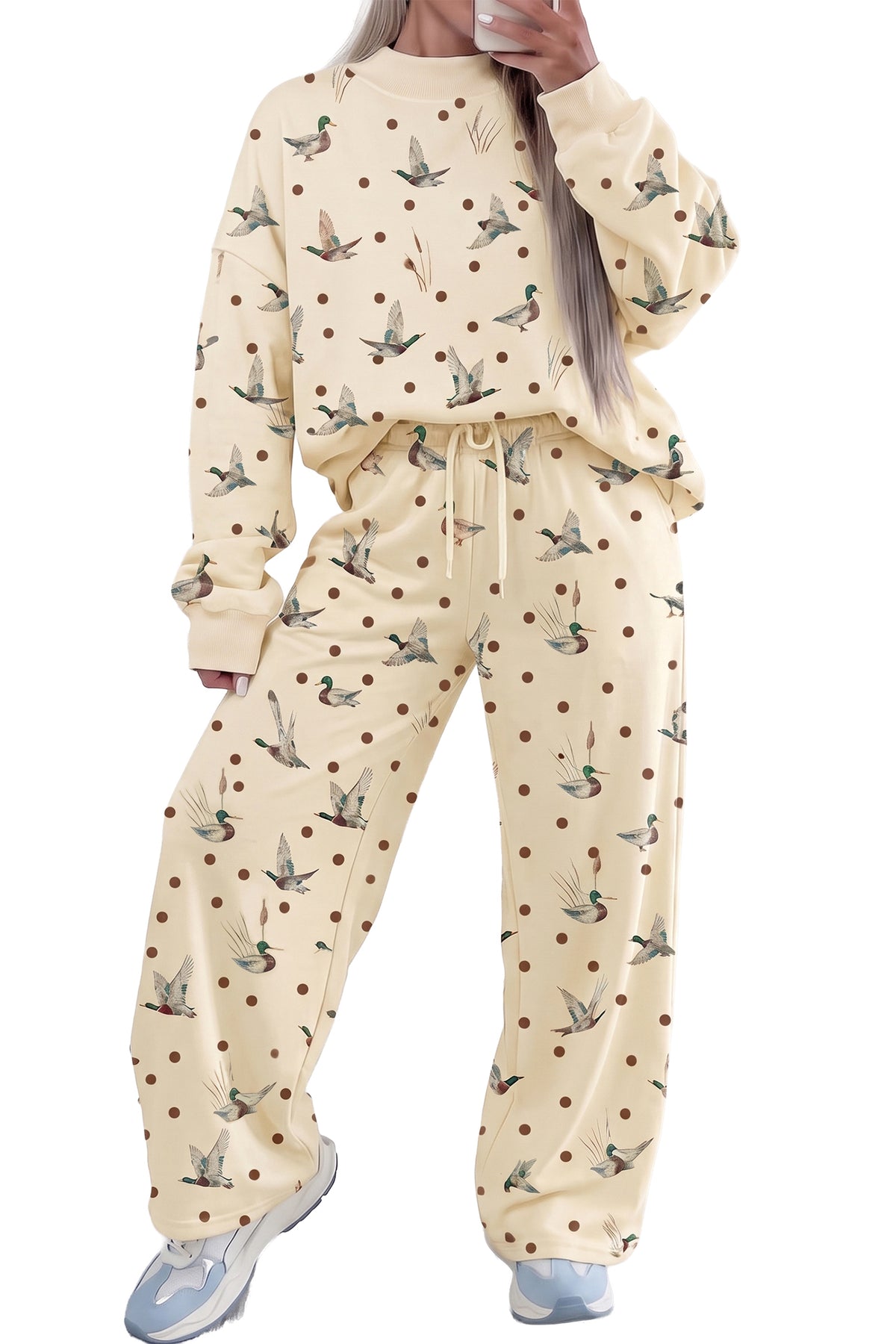 Women's Beige Polka Dot Mallard Print Crewneck Pullover Two-Piece Pants Set