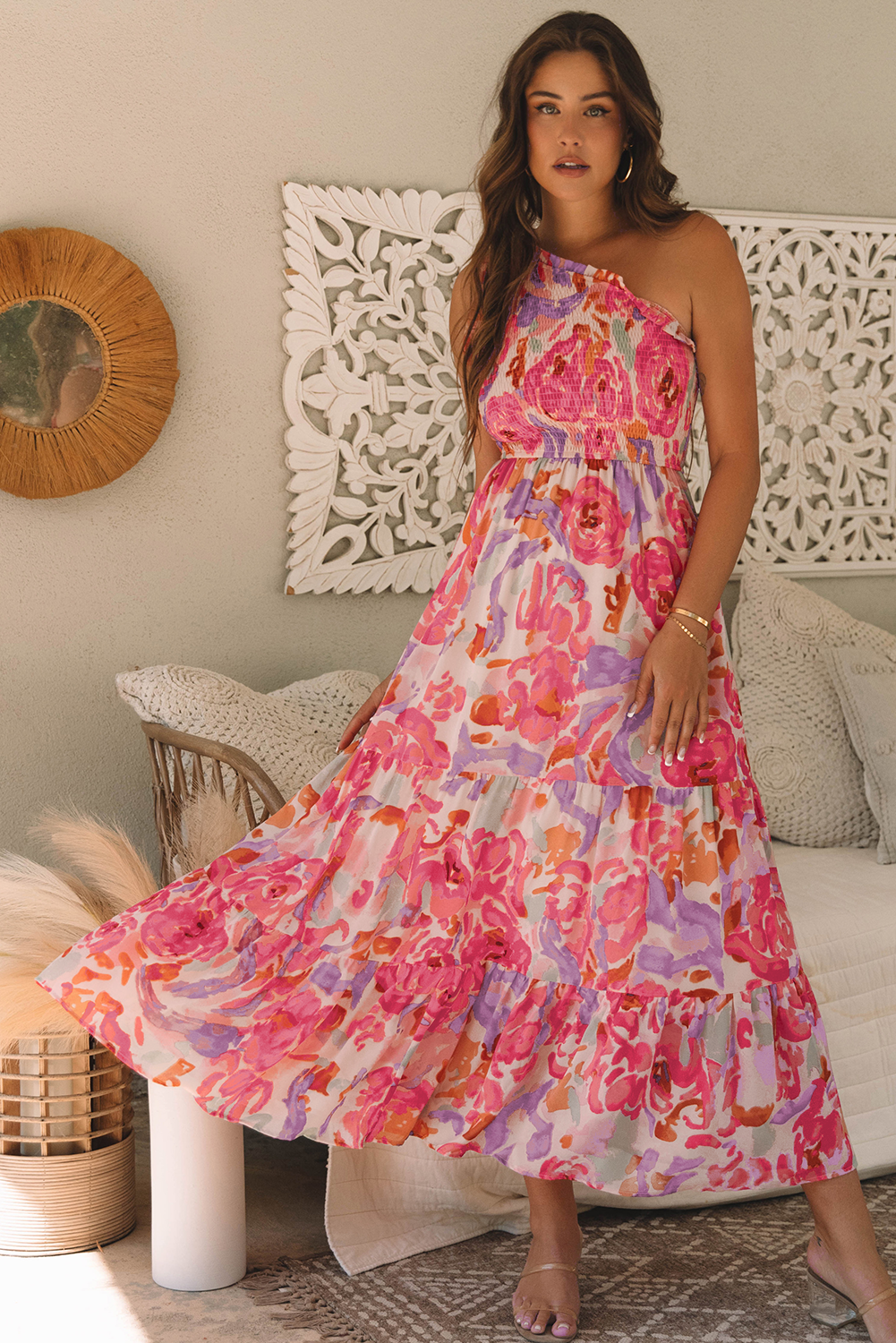 Pink Abstract One-Shoulder Maxi Dress