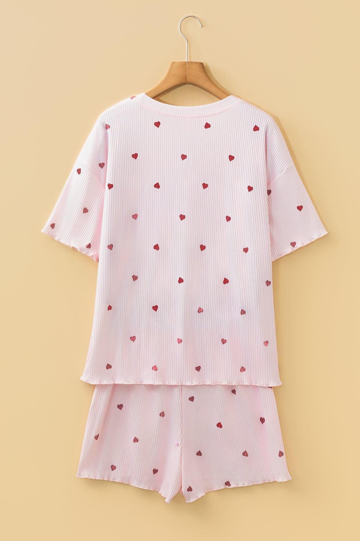 Light Pink Valentine Heart Print Ribbed Knit Short Lounge Set