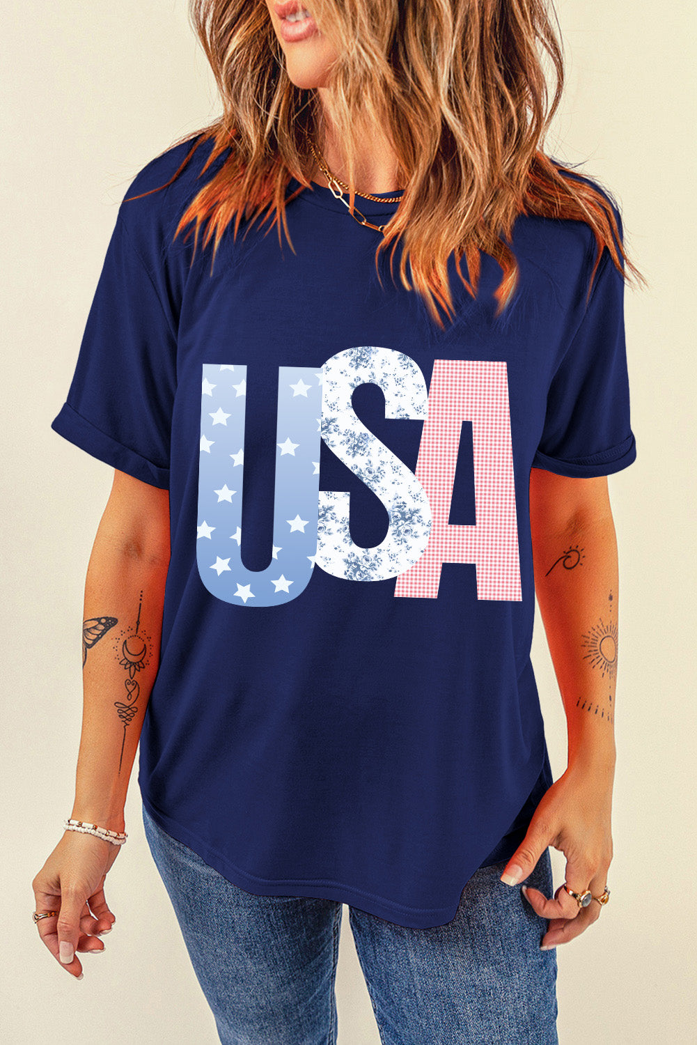 Blue USA Graphic July 4th Crew Neck T-Shirt