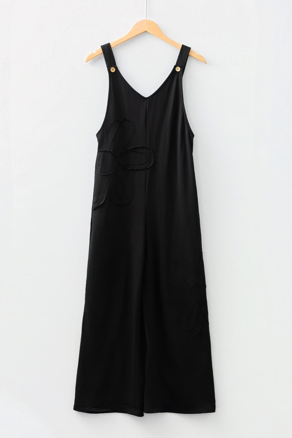 Black Solid Raw Seam Big Flower Patched Loose Overall Jumpsuit