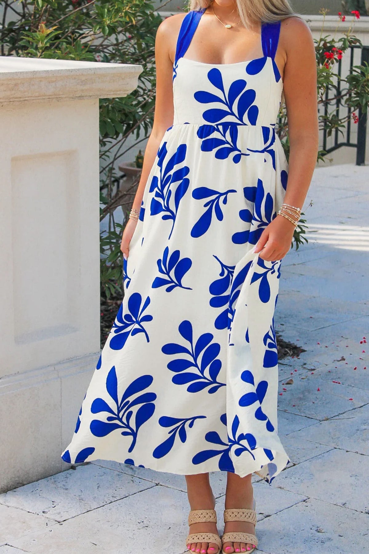 Blue Floral Print Crisscross Tie Back Sleeveless Long Dress