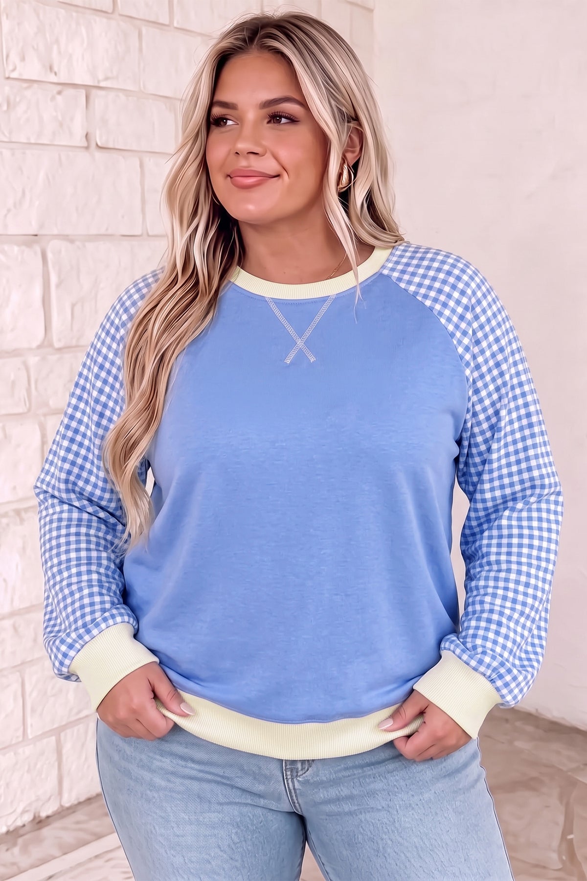 Light Blue Plaid Sleeve Ribbed Colorblock Trim Sweatshirt