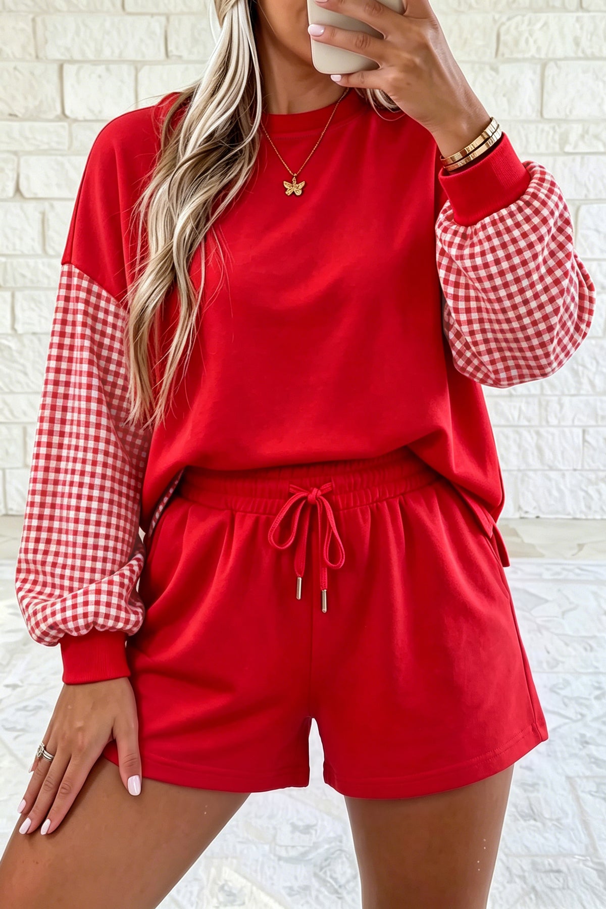 Women's Red Plaid Patchwork Long-Sleeve Top Solid Drawstring Shorts Set